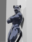 anthro fur looking_at_viewer low-angle_view male nude simple_background solo standing yellow_eyes felid mammal pantherine 3:4 3d_(artwork) blender_(artwork) digital_media_(artwork) hi_res line_art shaded shaded_line_art