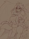 anthro breasts duo embarrassed female flirting_look hair horn long_hair male male/female sex tall_girl wings aleksikashvets mythology canid canine canis dragon mammal mythological_creature mythological_scalie scalie wolf hi_res sketch