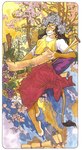 accessory anthro art_nouveau bottomwear brown_hair clothed clothing daisy_(flower) eyes_closed female flower flower_in_hair food fruit fully_clothed fur grape grapevine hair hair_accessory horn outside plant scroll sitting skirt sky smile solo trellis white_body white_fur yellow_body yellow_fur terrie_smith european_mythology greek_mythology mythology clio_(diety) deity felid lion mammal pantherine 2005