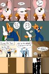 anthro backpack clothed clothing dialogue duo female fur glowing glowing_eyes long_ears male male/female orange_body orange_fur speech_bubble suit teeth text white_body chefrens senia_(chefrens) sqwishi_(chefrens) felid feline lagomorph mammal absurd_res comic english_text hi_res