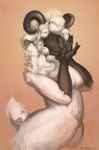 anthro black_body bodily_fluids breasts clothing duo female fluffy fluffy_hair fur hair horn horn_jewelry horn_ring human_on_anthro interspecies jewelry macro male male/female ring_(jewelry) simple_background size_difference smile smiley_face tears uniform white_body white_fur drunk_ferret bovid caprine human mammal sheep absurd_res hi_res