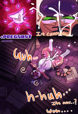 anthro balls bodily_fluids cum cum_drip cum_in_mouth cum_inflation cum_inside cum_on_penis dripping ejaculation gameplay_mechanics genital_fluids genitals green_eyes heart_symbol impregnation inflation male male/male male_impregnation nude ovum ovum_with_heart penis pregnant pregnant_anthro pregnant_male questionable_consent sperm_cell stripes tail text halfpricesouls felid mammal pantherine tiger absurd_res comic english_text hi_res