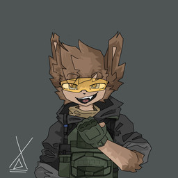 armor body_armor bulletproof_vest clothing eyewear glasses hoodie male military simple_background smile soldier solo topwear warrior wearing_glasses hz_foxy canid canine canis domestic_dog mammal 1:1 absurd_res character_request hi_res