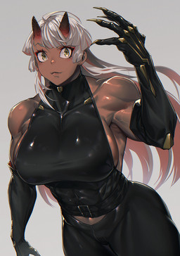 abs bangs big_breasts bottomwear breasts carved_horn clothing deltoids female grey_hair hair halter_top horn long_hair muscular muscular_female not_furry pants pecs pecs_with_breasts solo tight_clothing vein mikel_(4hands) asian_mythology east_asian_mythology japanese_mythology mythology demon horned_humanoid humanoid oni yokai hi_res