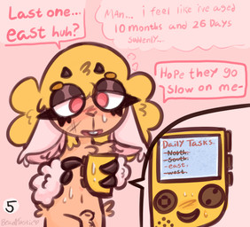 anthro bedroom_eyes blonde_hair blush bodily_fluids cum dialogue electronics fingers genital_fluids hair heart_birthmark hooved_fingers hooves horn male meta_humor narrowed_eyes nude seductive solo speech_bubble standing task_list text bean0tastic slime_rancher beanie_(bean0tastic) bovid caprine mammal sheep english_text hi_res