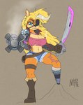 anthro boots bottomwear clothing cybernetics eye_patch eyewear female footwear hair hotpants jacket machine melee_weapon messy_hair mouth_scar notched_ear pirate prosthetic prosthetic_leg prosthetic_limb redesign shoes shorts solo sword topwear torn_clothing weapon weapon_arm meatboom activision crash_bandicoot_(series) pirate_tawna bandicoot cyborg mammal marsupial 2022 hi_res