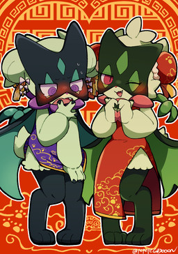 3_fingers abstract_background accessory ambiguous_anthro ambiguous_gender anthro asian_clothing barefoot biped black_body black_fur blush blush_lines chinese_clothing chinese_dress clothed clothed_anthro clothing covering covering_self cute_fangs digitigrade dress duo east_asian_clothing eyelashes fangs feet fingers flustered frill_(anatomy) front_view fully_clothed fully_clothed_anthro fur gesture green_body green_fur green_tail hair_accessory hand_gesture head_tuft kemono looking_at_viewer mask monotone_tail multicolored_body multicolored_fur neck_frill one_eye_closed open_mouth open_smile pawpads pink_nose pink_pawpads pupils purple_clothing purple_dress purple_eyes red_clothing red_dress red_eyes scut_tail short_tail slit_pupils smile spiral spiral_eyes standing tail teeth tuft two_tone_body two_tone_fur wink pepepegdooon nintendo pokemon felid feline generation_9_pokemon mammal meowscarada pokemon_(species) shiny_pokemon 2024 colored digital_media_(artwork) full-length_portrait portrait shaded signature simple_shading female_(lore) male_(lore)