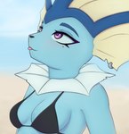 anthro beach breasts ear_piercing female medium_breasts piercing purple_eyes solo tanatos_aaa nintendo pokemon eeveelution generation_1_pokemon pokemon_(species) vaporeon hi_res