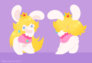 anthro blonde_hair blue_ear_piercing blue_eyes bottomless bottomless_anthro bottomless_female butt closed_smile clothed clothed_anthro clothed_female clothing crown ear_piercing featureless_crotch featureless_legs female female_anthro flat_chested fur gem hair headgear light long_ears long_hair looking_back mouth_closed multicolored_body narrowed_eyes noseless piercing pink_clothing pink_hair_tie pink_shirt pink_topwear ponytail pose purple_background ruby_(gem) sapphire_(gem) shirt short_legs simple_background smile solo squint standing tan_eyelids tan_inner_ear text thick_thighs topwear two_tone_body white_body white_fur shimospookyapple mario_bros mario_plus_rabbids_kingdom_battle nintendo raving_rabbids rayman_(series) ubisoft rabbid_peach lagomorph mammal rabbid 2021 artist_name colored crossover digital_drawing_(artwork) digital_media_(artwork) english_description hi_res lighting lineless multiple_scenes