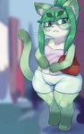 :< accessory anthro bangs blurred_background bottomwear camel_toe clothed clothing crop_top dipstick_ears dipstick_legs dipstick_limbs dipstick_tail ear_markings eyebrows eyewear female fur genital_outline glasses green_body green_eyes green_fur green_hair hair headband inner_ear_fluff looking_at_viewer markings midriff multicolored_ears pink_nose pussy_outline shirt short_stack shorts skindentation solo standing tail tail_markings thick_eyebrows tight_bottomwear tight_clothing topwear tuft white_body white_bottomwear white_clothing white_fur white_shorts wide_hips morokko midori_(nakagami_takashi) domestic_cat felid feline felis mammal 2020 absurd_res full-length_portrait hi_res portrait