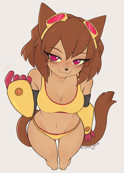 anthro beckoning bedroom_eyes bikini brown_body brown_fur cat_smile clothing eyewear female fur gesture goggles high-angle_view narrowed_eyes petynia seductive solo swimwear tail two-piece_swimsuit gameoverse glitch_productions kit_bodega felid feline mammal absurd_res hi_res