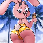 anthro anus big_butt butt camel_toe clothed clothing dessert female food ice_cream looking_at_own_butt looking_at_viewer open_mouth palm_tree plant smile solo swimwear tail tree young young_female radio_bx_(artist) cartoon_network the_amazing_world_of_gumball anais_watterson lagomorph leporid mammal rabbit 1:1 2025 hi_res