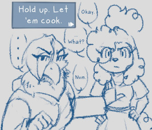 anthro beak bottomwear breast_grab breasts clothed clothing dialogue duo eyebrows female floppy_ears fluffy fluffy_ears fluffy_hair fluffy_tail hair hair_over_eye hand_on_breast hands_on_own_hips hoodie looking_at_viewer lop_ears neck_tuft ponytail shirt short_hair skirt small_breasts speech_bubble standing tail text text_box topwear tuft canisfidelis abby_(canisfidelis) clara_(canisfidelis) avian bird canid canine canis corvid corvus_(genus) crow domestic_dog mammal oscine passerine poodle 2024 english_text hi_res sketch