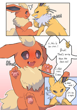 ambiguous_gender bared_teeth blush blush_lines clenched_teeth cute_fangs dialogue duo fangs feral fur open_mouth pawpads paws red_body red_ears red_fur teeth text white_body white_fur yellow_body yellow_ears yellow_fur pikop nintendo pokemon eeveelution flareon generation_1_pokemon jolteon pokemon_(species) comic english_text hi_res male_(lore)
