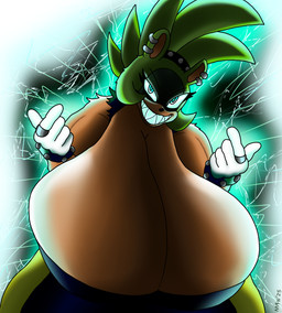anthro beckoning big_breasts blue_eyes bottomwear bracelet breasts cleavage clothed clothing crazy_eyes ear_piercing female gesture gloves glowing glowing_body glowing_eyes handwear huge_breasts hyper hyper_breasts insane jewelry mohawk muscular muscular_anthro muscular_female oversized_bottomwear oversized_clothing oversized_pants pants piercing ring smile smiling_at_viewer solo wide_stance m4n idw_publishing sega sonic_the_hedgehog_(comics) sonic_the_hedgehog_(idw) sonic_the_hedgehog_(series) sonic_underground surge_the_tenrec afrosoricid mammal tenrec absurd_res hi_res