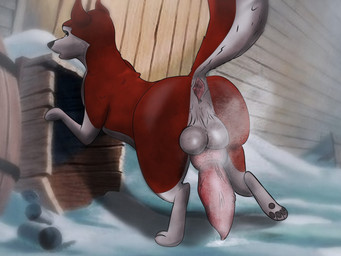 anatomically_correct animal_genitalia animal_penis anus balls big_balls big_butt big_penis blurred_background bodily_fluids brown_eyes butt canine_genitalia canine_penis crossgender cum cum_on_ground dialogue feral fur genital_fluids genitals gynomorph huge_penis hyper hyper_genitalia hyper_penis intersex looking_back male musk penis realistic_feral red_body red_fur solo talking_to_another white_body white_fur udbebu balto_(series) universal_studios jenna_(balto) canid canine mammal hi_res