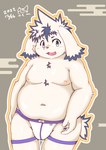 anthro belly blush clothing floppy_ears fur jockstrap male moobs navel nipples overweight overweight_male solo underwear white_body white_fur tamacolle tajima_(tamacolle) canid canine canis domestic_dog mammal