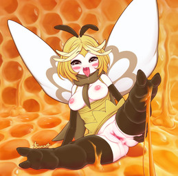 2_toes anthro anus blush bodily_fluids breasts clothed clothing drooling feet female food food_on_feet foot_fetish foot_focus foot_play genital_fluids genitals honey_(food) humanoid_genitalia humanoid_vulva legwear nipples non-mammal_breasts non-mammal_nipples open_mouth partially_clothed pokemorph saliva soles solo thigh_highs toes tongue tongue_out vaginal_fluids vulva white_body white_skin wings kionant nintendo pokemon animal_humanoid arthropod arthropod_humanoid bee_humanoid generation_7_pokemon humanoid hymenopteran hymenopteran_humanoid insect insect_humanoid pokemon_(species) ribombee