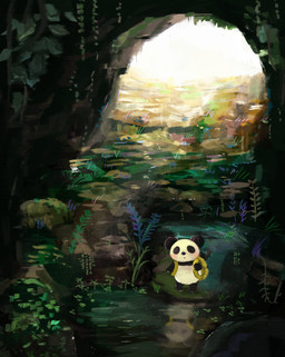anthro backpack biped black_body black_nose chibi detailed_background plant solo tree white_body araru bear giant_panda mammal 2023 absurd_res hi_res