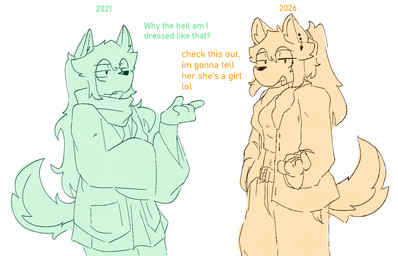 anthro clothed clothing comparison duo ear_piercing ear_ring female jacket piercing ring_piercing scarf smile smiling_at_viewer smirk smirking_at_viewer smug time_skip topwear catjamn karina_(catjamn) canid canine mammal 2026 hi_res trans_(lore) trans_woman_(lore)