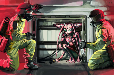 ambiguous_gender antennae_(anatomy) cable compound_eyes crouching detailed_background eating exoskeleton flashlight gas_mask green_eyes group hazmat_suit inside kneeling lights male mask not_furry_focus pink_body spray_bottle teratophilia trio wall_panel wire zarzaliel alien alien_humanoid arthropod human humanoid insect mammal hi_res