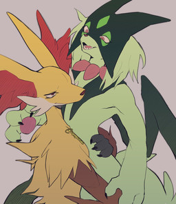 3_fingers ambiguous_gender anthro back_tuft biped cheek_tuft duo facial_tuft fingers fur green_body green_fur grey_background hug inner_ear_fluff lifting_another mask mask_only mostly_nude_ambiguous mostly_nude_anthro mouth_closed nude nude_ambiguous nude_anthro open_mouth orange_body orange_fur pawpads paws pink_pawpads red_eyes simple_background smile snout tail teeth tuft wearing_mask bappywaruda nintendo pokemon canid delphox felid generation_6_pokemon generation_9_pokemon mammal meowscarada pokemon_(species) digital_drawing_(artwork) digital_media_(artwork) hi_res