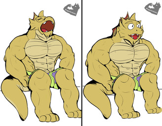 4_toes 5_fingers abs anthro biceps bone_frill bulge clothing countershading feet fingers frill_(anatomy) gold_scales male meme_face muscular muscular_anthro muscular_male open_mouth pecs red_tongue simple_background simple_eyes solo tail teeth toes tongue agentfurshadow meme_clothing mythology nickelodeon spongebob_squarepants patrick_(lunchmeat) patrick_star dragon gold_dragon mythological_creature mythological_scalie scalie hi_res meme