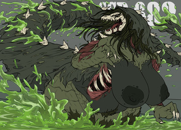 acid anthro big_breasts big_butt black_nipples bone breasts butt cheek_window claws exposed_bone female gore green_body multi_eye nipples nude_anthro pubes rotting rotting_flesh sharp_teeth skull skull_head solo tail teeth yellow_eyes tolerain scp_foundation scp-682 reptile scalie hi_res