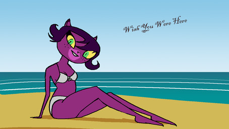 anthro beach bikini breasts clothing female green_eyes hair looking_at_viewer purple_body purple_hair sea solo swimwear text two-piece_swimsuit water yellow_sclera unknown_artist chico_chica_boumba miss_leona domestic_cat felid feline felis mammal digital_media_(artwork) english_text pixel_(artwork)