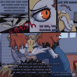 3_fingers ambiguous_gender anthro arm_tuft black_body black_claws black_fur blush bodily_fluids cheek_tuft claws clothing comforting crossed_legs crying dialogue digitigrade dipstick_tail dish domestic_abuse duo emanata eyelashes facial_tuft fingers fur gift gift_wrapped hair headpat hug inner_ear_fluff kitchen kneeling legs_together light_body light_skin male markings multicolored_body multicolored_fur orange_body orange_eyes orange_fur orange_nose panicking paws petting plate profanity sad scared shoulder_tuft story_in_picture struggling tail tail_markings tears text touching_hair tuft whimper white_body white_fur yellow_body yellow_fur poofythedragon nintendo pokemon braixen canid canine generation_6_pokemon human mammal pokemon_(species) 1:1 2025 absurd_res comic digital_media_(artwork) english_text hi_res male_(lore)