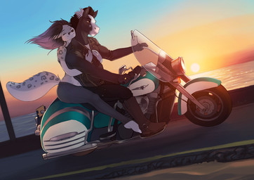 ambiguous_gender anthro biker biped boots clothed clothing detailed_background driving duo eyes_closed female footwear hair jacket leather leather_clothing leather_jacket leather_topwear long_hair motorcycle red_eyes sea shoes sitting sky smile sunset topwear vehicle water woadedfox riley_(rileyfrostpaws) thunder-hoof equid equine felid mammal pantherine snow_leopard 2017 absurd_res digital_media_(artwork) hi_res