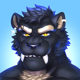 anthro big_fangs black_body black_fur black_hair black_nose cheek_tuft ear_piercing ear_ring facial_tuft fangs front_view fur hair looking_at_viewer male male_anthro markings multicolored_eyes muscular muscular_anthro muscular_male nude orange_eyes piercing pupils ring_piercing short_hair simple_background solo teeth tuft two_tone_eyes white_markings yellow_eyes yellow_pupils johnthelewd_art felid mammal 1:1 bust_portrait hi_res icon portrait