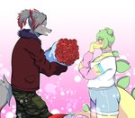 alternative_fashion anthro blue_eyes blush bottomwear bouquet breasts cargo_pants clothing covering covering_mouth dipstick_ears dipstick_tail duo ear_markings fairy_kei female flower flower_bouquet fur fur-trimmed_jacket green_body green_scales grey_body grey_fur grey_hair hair hair_bun highlights_(coloring) j-fashion jacket jewelry larger_male long_tail male markings multicolored_ears necklace pants plant ponytail red_body red_fur red_highlights rose_(flower) scales shirt short_hair shorts simple_background size_difference slightly_chubby slightly_chubby_female smaller_female spiked_tail spikes spikes_(anatomy) tail tail_markings topwear yellow_body netardado goodbye_volcano_high fan_character stella_(gvh) canid canine canis dinosaur mammal ornithischian prehistoric_species reptile scalie stegosaurian stegosaurus thyreophoran wolf hi_res