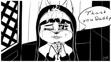 after_sex anthro beads biped black_nose bodily_fluids clothed clothing confession_booth cross cum cum_on_clothing cum_on_face cum_on_hand daddy_kink dialogue eyebrows female genital_fluids looking_at_viewer messy nun nun_habit nun_outfit one_eye_closed prayer_beads praying praying_hands religious_clothing rosary solo speech_bubble talking_to_viewer teeth text young young_anthro young_female foxy101 canid canine fox mammal 16:9 2023 4k absurd_res black_and_white english_text hi_res monochrome widescreen
