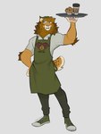 anthro apron biped bottomwear clothed clothing fangs food footwear fur male muffin pants sabertooth_(anatomy) shirt shoes solo tail teeth text topwear ramahuro felid mammal prehistoric_species saber-toothed_tiger absurd_res english_text hi_res