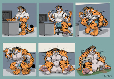 4_toes 5_fingers 6_panel_comic abs animal_genitalia anthro balls balls_expansion balls_on_ground barefoot beverage beverage_can biceps big_balls big_muscles big_sheath biped black_body black_ears black_fur black_stripes blue_bottomwear blue_clothing blue_shorts body_size_growth bottomwear brown_hair building building_destruction chair claws closed_smile clothed clothed_anthro clothed_male clothing computer_monitor countershade_arms countershade_face countershade_feet countershade_fur countershade_hands countershade_neck countershade_torso countershading crouching deltoids desk destruction dipstick_tail expansion featureless_chest feet finger_claws fingers fur furniture genital_expansion genitals grass grid_layout growth hair holding_beverage holding_object huge_balls huge_muscles huge_sheath humanoid_hands hyper hyper_balls hyper_genitalia hyper_sheath inside long_hair looking_at_computer looking_at_object looking_down looking_down_at_self macro macro_anthro macro_male male male_anthro markings mouth_closed multicolored_body multicolored_fur muscle_growth muscular muscular_anthro muscular_arms muscular_male nude nude_anthro nude_male office_chair on_chair onomatopoeia open_mouth open_smile orange_body orange_fur outside pawpads pecs pink_nose pink_pawpads plant quads room_filling sheath sheath_expansion shirt shorts sitting sitting_on_chair sitting_on_ground six_frame_image size_transformation smile solo sound_effects striped_body striped_fur striped_markings striped_tail stripes t-shirt table tail tail_markings teeth text toe_claws toes topwear torn_bottomwear torn_clothing torn_shirt torn_shorts torn_t-shirt torn_topwear transformation triceps whisker_spots white_balls white_body white_clothing white_countershading white_fur white_inner_ear white_sheath white_shirt white_t-shirt white_topwear teaselbone bennie felid mammal pantherine tiger 2020 comic digital_drawing_(artwork) digital_media_(artwork) english_text shaded signature