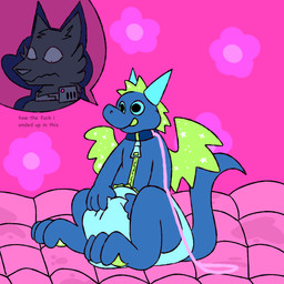 ambiguous_fluids ambiguous_gender anthro clothing collar costume diaper leash padded_room shock_collar simple_background solo text wings cammohu mythology dragon mythological_creature mythological_scalie scalie 1:1 english_text hi_res