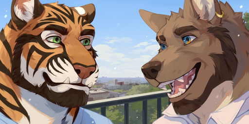 anthro blue_clothing blue_eyes blue_topwear brown_body brown_fur brown_nose closed_smile clothed clothing duo facial_hair fangs fur green_eyes happy head_tuft inner_ear_fluff male mouth_closed multicolored_eyes open_mouth open_smile orange_body orange_eyes orange_fur outside smile striped_neck teeth topwear tuft two_tone_eyes unsigned white_body white_clothing white_fur white_inner_ear_fluff white_topwear corzh77 nick_grant canid canine canis domestic_dog felid mammal pantherine tiger 2:1 absurd_res hi_res
