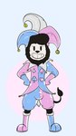 anthro bell blue_clothing bulge clothed clothing fool's_hat glistening gloves handwear hat headgear headwear jester jingle_bell latex looking_at_viewer male multicolored_clothing multicolored_hat pink_clothing simple_background smile solo toony white_clothing ozzy9 rozzy_the_inkblot_toon felid lion mammal pantherine 2019 digital_drawing_(artwork) digital_media_(artwork)