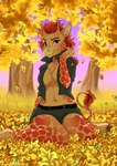 anthro autumn autumn_leaves bottomwear breasts clothed clothing fallen_leaves falling_leaves female horn jacket leaf leaves_on_ground open_clothing open_topwear plant shorts sitting sitting_on_ground solo topless topwear tree kidaoriginal legend_of_ahya marle_talbender_(darkflamewolf) giraffe giraffid mammal hi_res