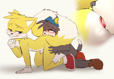 all_fours anal anal_penetration anthro anus black_body black_fur blue_eyes blush bodily_fluids boots bottomwear close-up clothed clothing crossover_ship crouching duo erection footwear fur genitals glistening half-closed_eyes hat headgear headwear male male/male male_penetrated male_penetrating male_penetrating_male multi_tail multicolored_tail narrowed_eyes oral partially_clothed penetration penile penis rimming sex shoes shorts simple_background smile smirk sweat tail tongue tongue_out yellow_body yellow_eyes yellow_fur young young_anthro young_male twang bandai_namco klonoa_(series) sega sonic_the_hedgehog_(series) klonoa miles_prower canid canine domestic_cat felid feline felis fox mammal 2019 crossover digital_media_(artwork)
