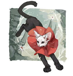 ambiguous_gender black_body black_fur clothing feral feralized fur inner_ear_fluff mouth_closed paws pupils quadruped red_clothing solo tail tuft white_body white_fur white_sclera aaasakawa hollow_knight_(franchise) team_cherry hornet_(hollow_knight) felid feline mammal 2026 hi_res female_(lore)