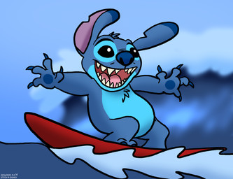 4_fingers black_eyes blue_claws blue_nose blue_pawpads chest_tuft claws ear_markings facial_markings fingers happy head_markings head_tuft markings notched_ear open_mouth open_smile pawpads sharp_teeth smile solo surfboard surfing teeth tuft water wave bluebottleflyer disney lilo_and_stitch stitch_(lilo_and_stitch) alien experiment_(lilo_and_stitch) 2022 absurd_res aliasing digital_media_(artwork) hi_res