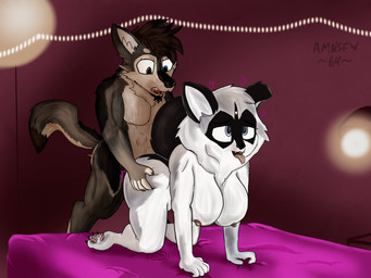 all_fours anthro bedroom doggystyle duo facial_hair from_behind_position goatee gripping_blanket holding_butt ironpaw looking_pleasured pawpads sex tongue tongue_out atomicmeta fizzy_pomsky canid canine canis domestic_dog german_shepherd herding_dog mammal mixed_breed pastoral_dog pomsky 4:3 hi_res