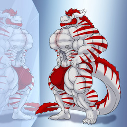 anthro big_bulge big_muscles bulge clothed clothing detailed_bulge flexing huge_bulge huge_muscles hyper hyper_muscles male mirror mirror_reflection muscular muscular_male reflection solo thong thong_only topless underwear underwear_only tanmux mythology colin_steel dragon mythological_creature mythological_scalie scalie 1:1 hi_res
