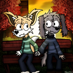 anthro clothed clothing duo dynamic_effects fur male male_anthro smile tail teeth timothy_toby todd_foxford midnightbatizer bird_dog canid canine canis domestic_dog fox hunting_dog irish_setter mammal setter 1:1 digital_media_(artwork)