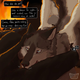 animal_genitalia animal_vulva anthro bisexual black_body black_fur blue_eyes campfire canine_genitalia canine_vulva claws cunnilingus dominant dominant_female dominant_male ear_petting fellatio female female/female fire firelight from_behind_position fur genitals grey_body grey_fur group group_sex hip_grab impregnation knotting male male/female oral penetration penile raised_tail sex spitroast submissive submissive_female tail text threesome trio vaginal vaginal_knotting vaginal_penetration vulva white_body white_fur coyobites mythology canid canine mammal mythological_canine mythological_creature werecanid werecanine werecreature werewolf absurd_res english_text hi_res story story_in_description