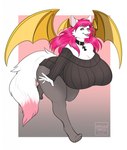 anthro big_breasts breasts clothed clothing female fur hair huge_breasts membrane_(anatomy) membranous_wings open_mouth open_smile pink_hair pink_nose smile solo standing white_body white_fur wings yellow_wings tiggybloom canid mammal 2019 full-length_portrait hi_res portrait