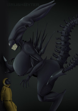 4_arms against_surface against_wall anthro big_breasts black_body breasts claws clothing female male male/female multi_arm multi_limb sharp_teeth smile spacesuit spikes suit tail teeth teeth_showing yellow_clothing yellow_suit brushbyter alien_(franchise) alien humanoid xenomorph xenomorph_queen hi_res