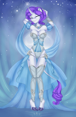 anthro anthrofied biped blue_eyes bracelet breasts cleavage cloth clothed clothing cloven_hooves corset eyes_closed female hair hooves horn jewelry lingerie necklace purple_hair silk solo sparkles standing topwear misukitty friendship_is_magic hasbro my_little_pony mythology rarity_(mlp) equid equine mammal mythological_creature mythological_equine unicorn 2013 source_request unavailable_at_source